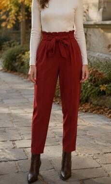 New Flirtatious pleated highrise paper bag tie belt trousers rust brown mom M